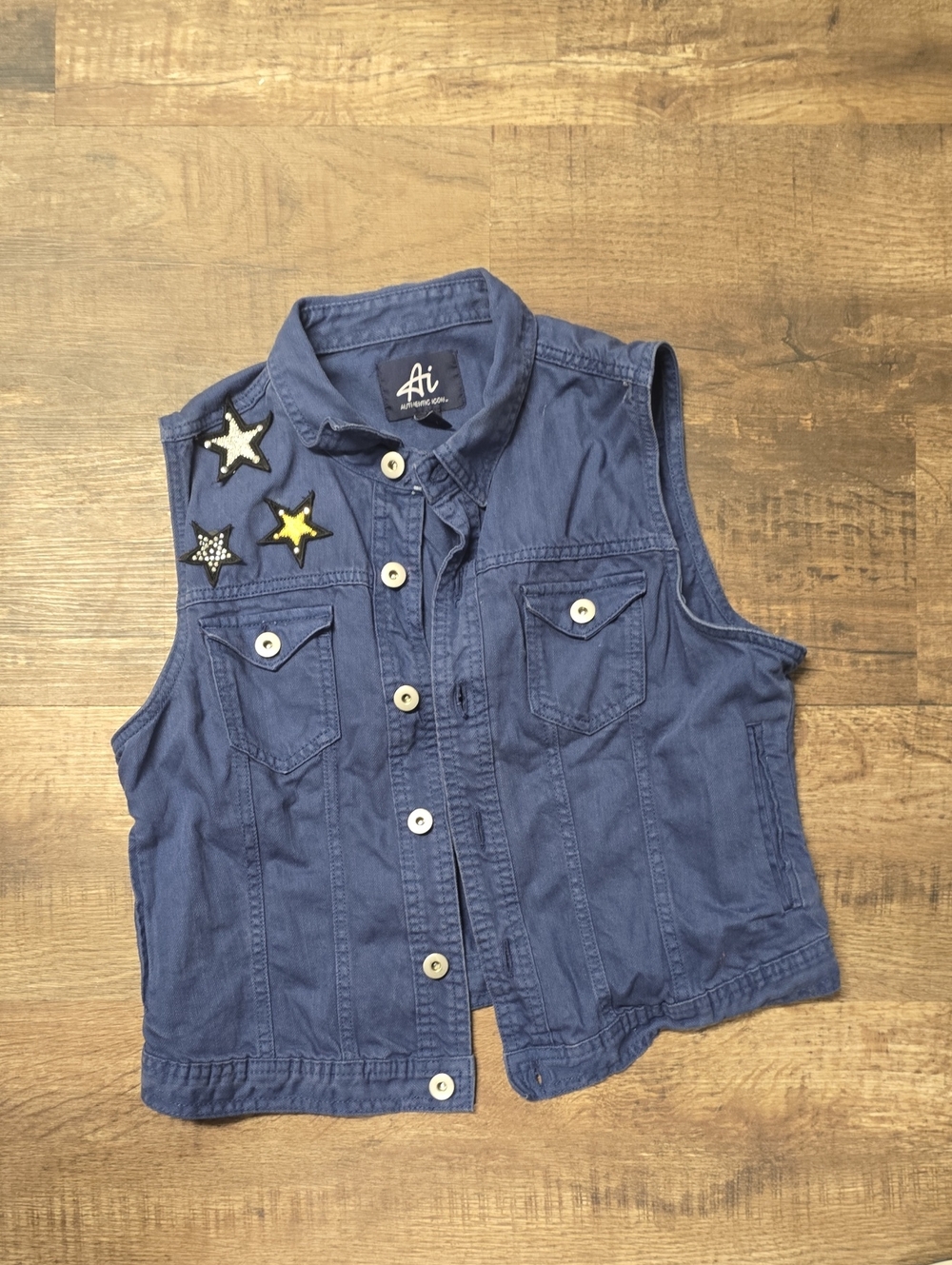Authentic Icon Navy Star Appliqué Denim Vest With Pockets